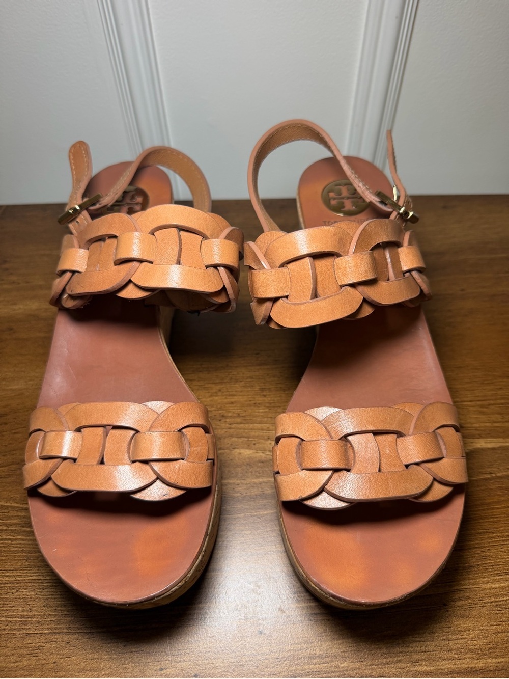 Tory Burch Tan Woven Leather Cork Platform Wedge Sandals